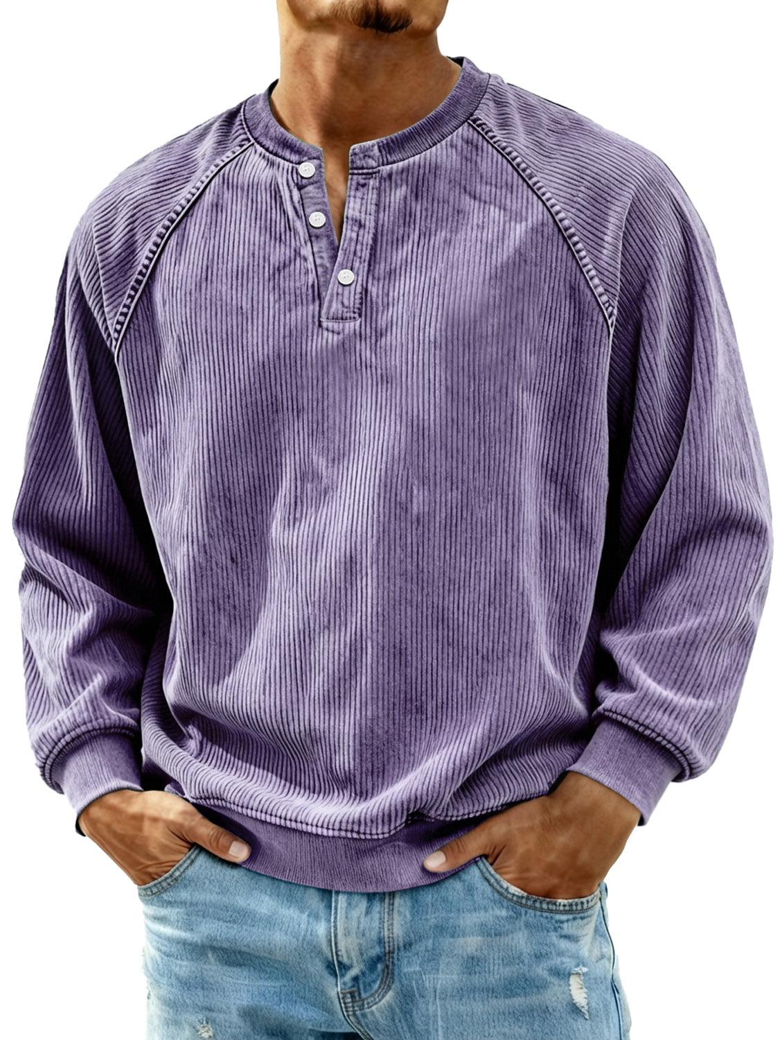 Men's Retro Corduroy Raglan Casual Long-Sleeve Henley Shirt