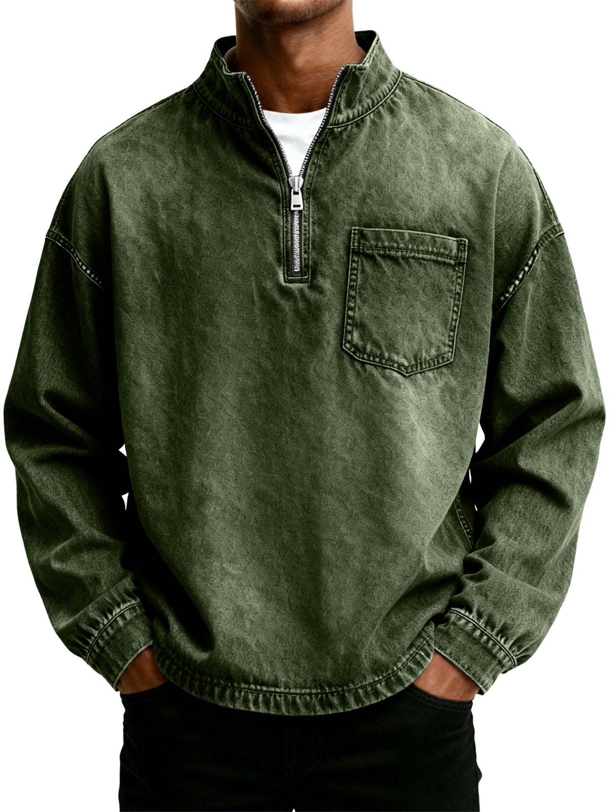 Men's Retro Washed Distressed Stand Collar Half Zipper Pocket Long Sleeve T-Shirt