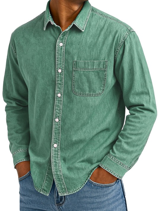 Men's Retro Casual Solid Color Loose Lapel Long Sleeve Shirt With Pockets