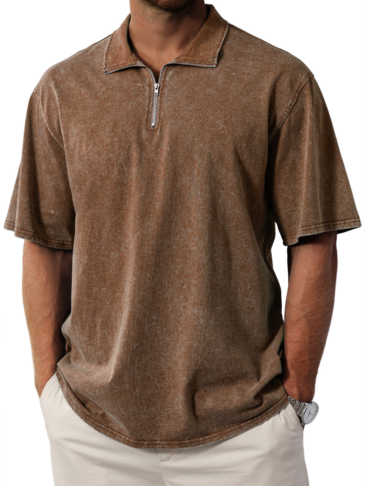 Men's Retro Stand Collar Zipper Solid Color Short Sleeve T-Shirt