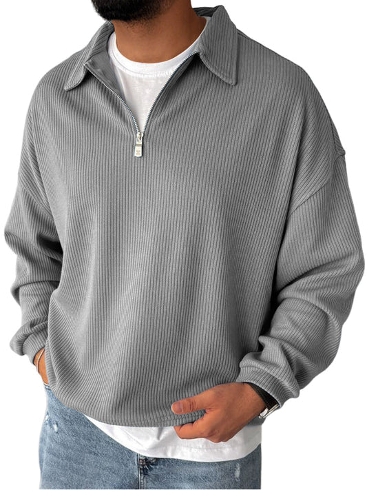Men's Casual Everyday Zipper Ribbed Long Sleeved Sweatshirt