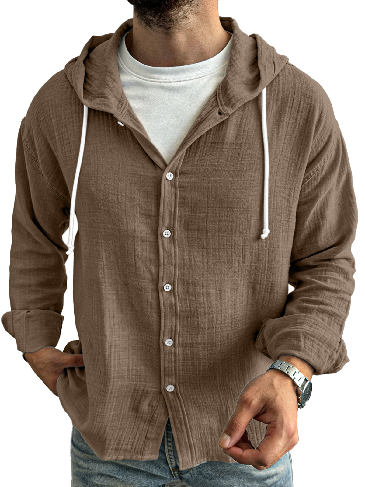 Men's simple casual comfortable loose buttoned hooded long sleeve shirt
