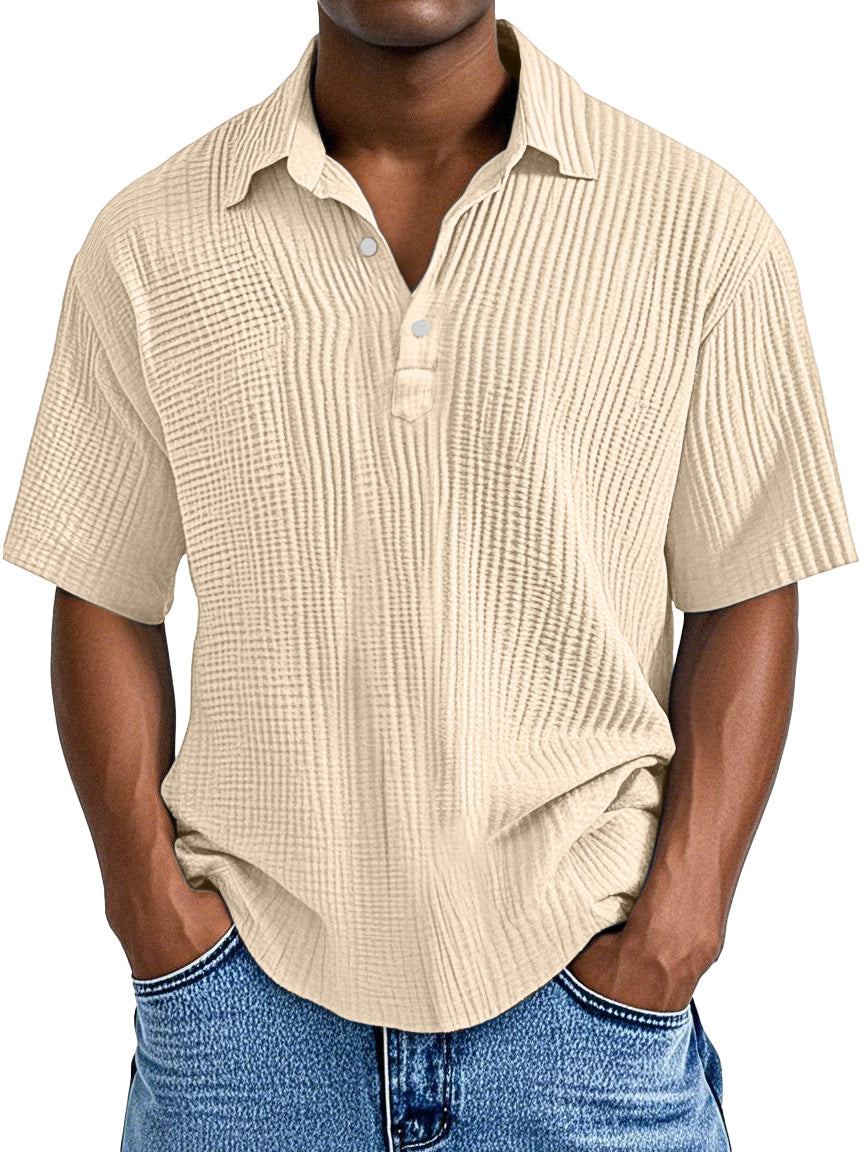 Men's Simple Daily Loose Pleated Texture Short Sleeve Lapel Polo Shirt