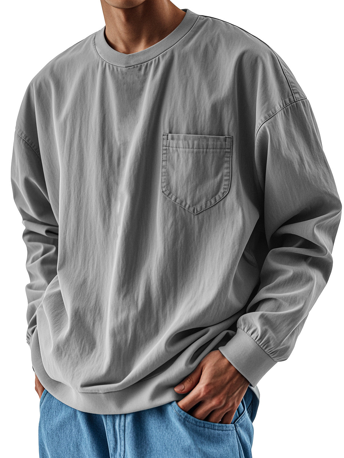 Men's Fashionable Round Neck Casual Pocket Long Sleeve Top