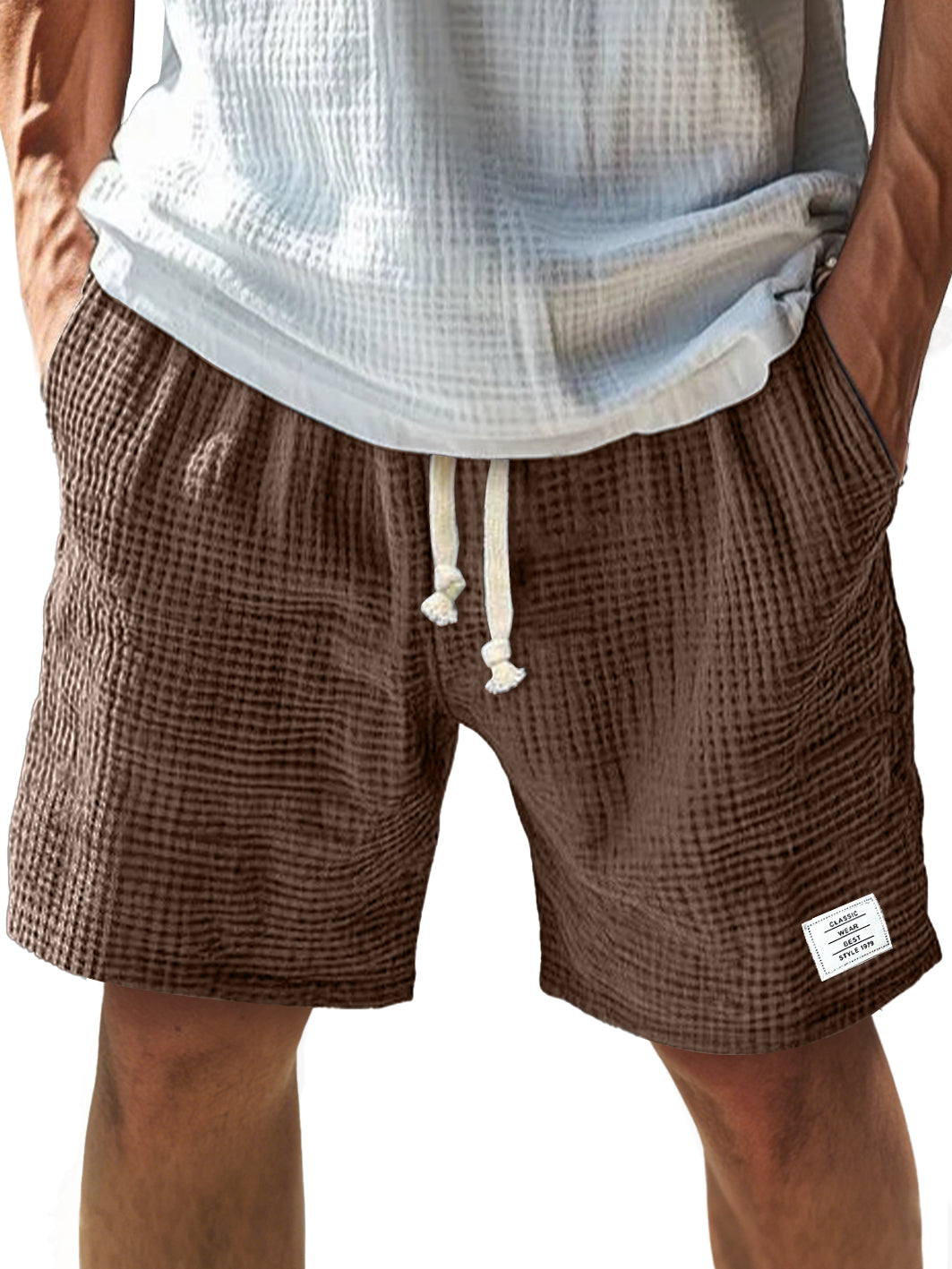 Men's Everyday Texture Embroidered Logo Elastic Waist Drawstring Comfort Shorts
