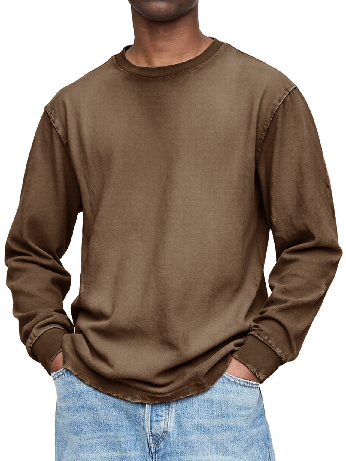 Men's Vintage Washed And Distressed Cotton Crew Neck Long Sleeved T-shirt
