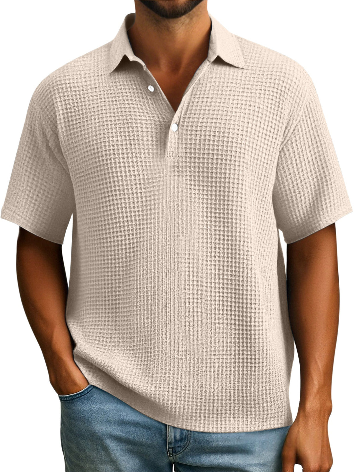 Men's Simple Everyday Solid Color Waffle Button Lapel Short Sleeve Polo Shirt