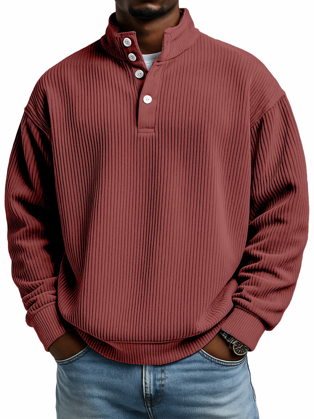 Simple casual solid color vertical ribbed texture four-button stand collar long sleeve sweatshirt