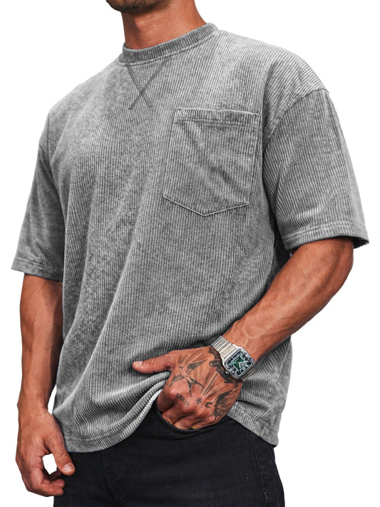 Men's Corduroy Crew Neck Short-sleeved T-shirt With A Crossover Design