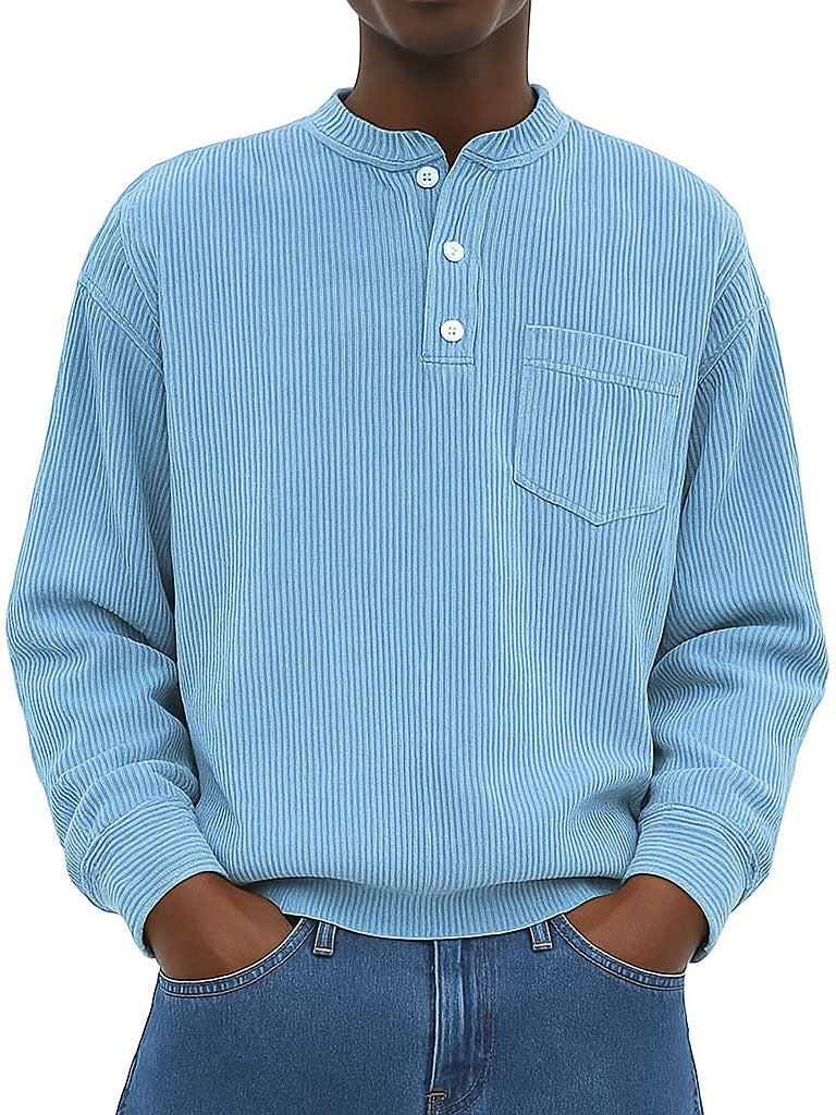 Men's Fashion Casual Ribbed Fabric Stand Collar Long Sleeve Henley Shirt