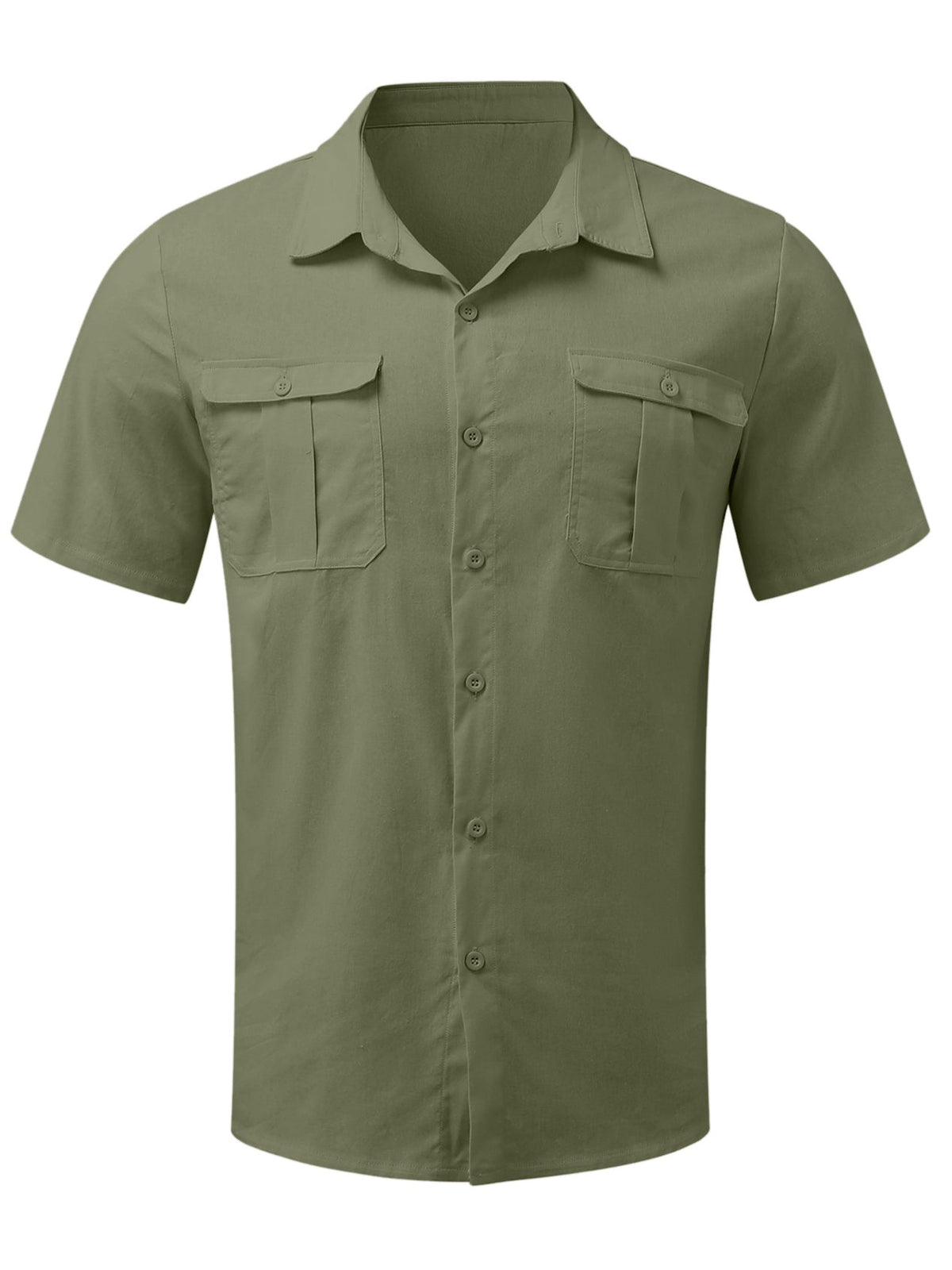 Mokaloha-Men's Solid Color Double Pocket Cotton Linen Casual Short Sleeve Shirt