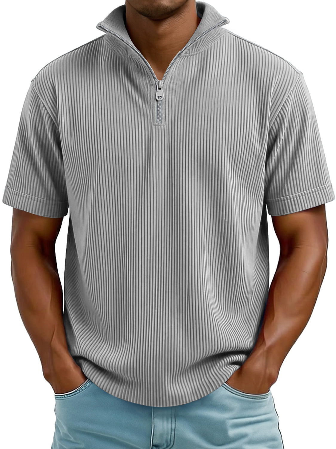 Men's Everyday Ribbed Stand-collar Zip-up Casual Short-sleeved T-shirt