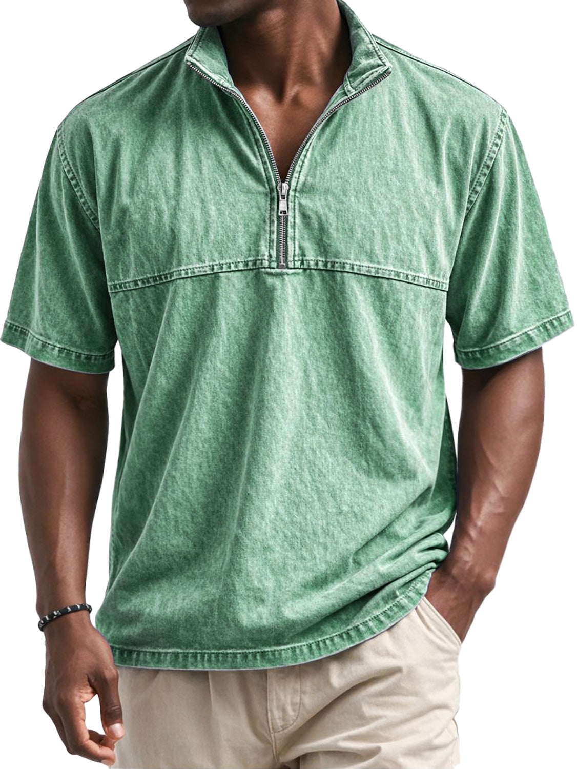 Men's Vintage Stand-collar Short-sleeved T-shirt With Zipper And Panel Design