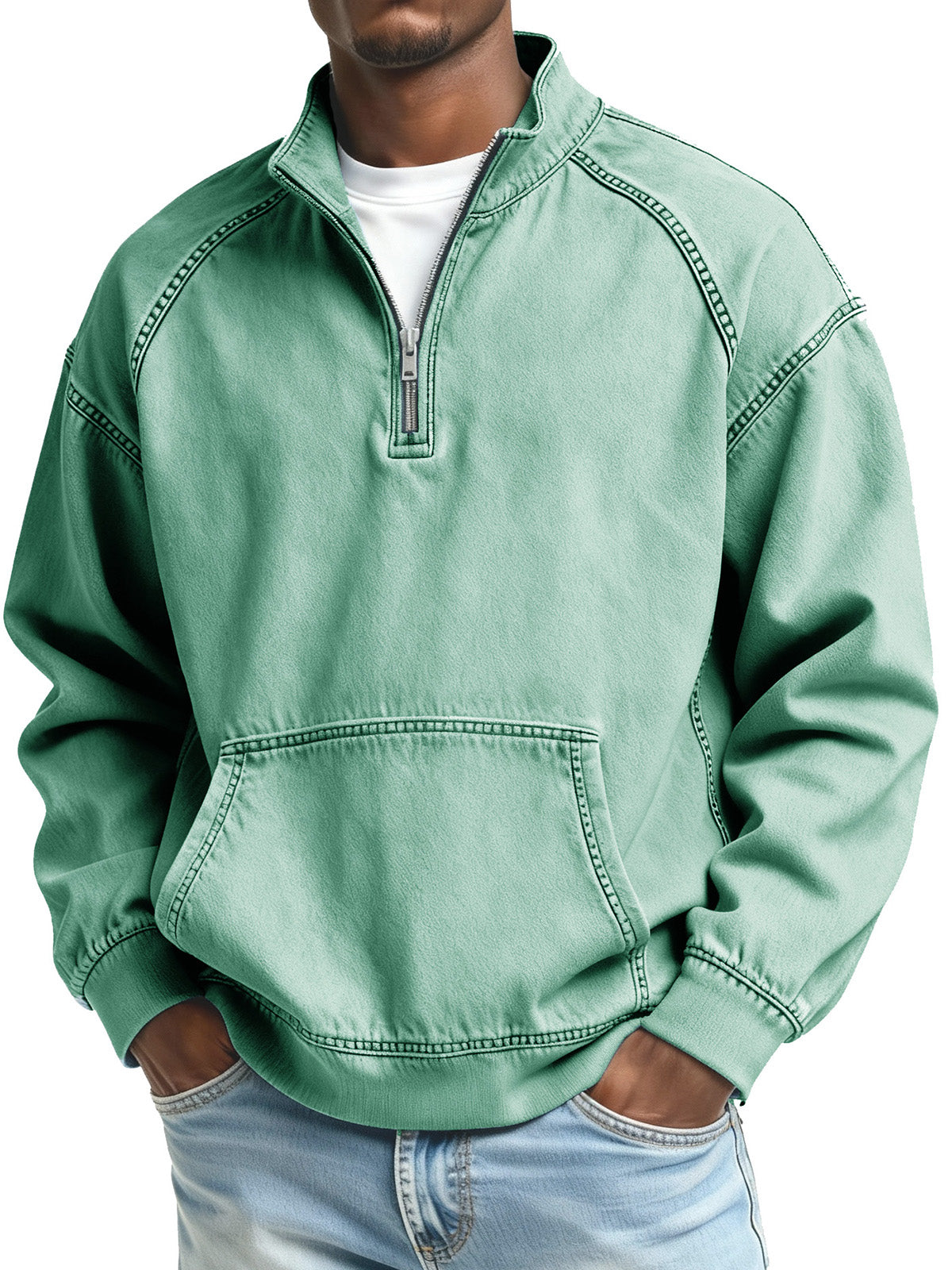Men's Fashionable Retro Stand Collar Raglan Pocket Long Sleeve Top