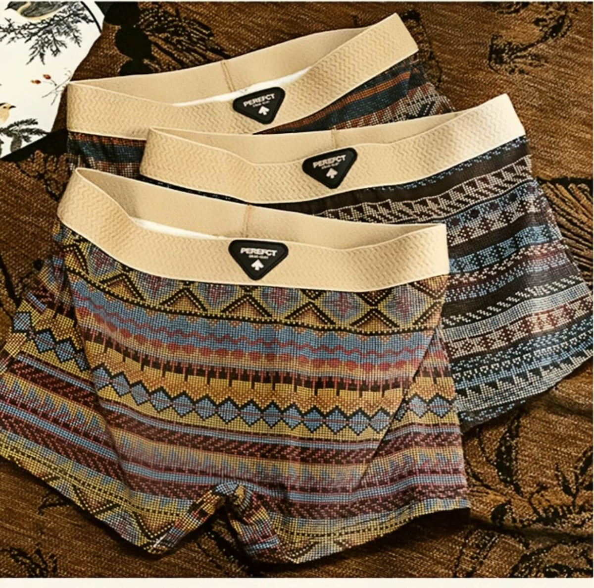 3-Pack Comfortable & Anti-Exposure Cotton Retro Ethnic Style Mid-Rise Boxer Shorts