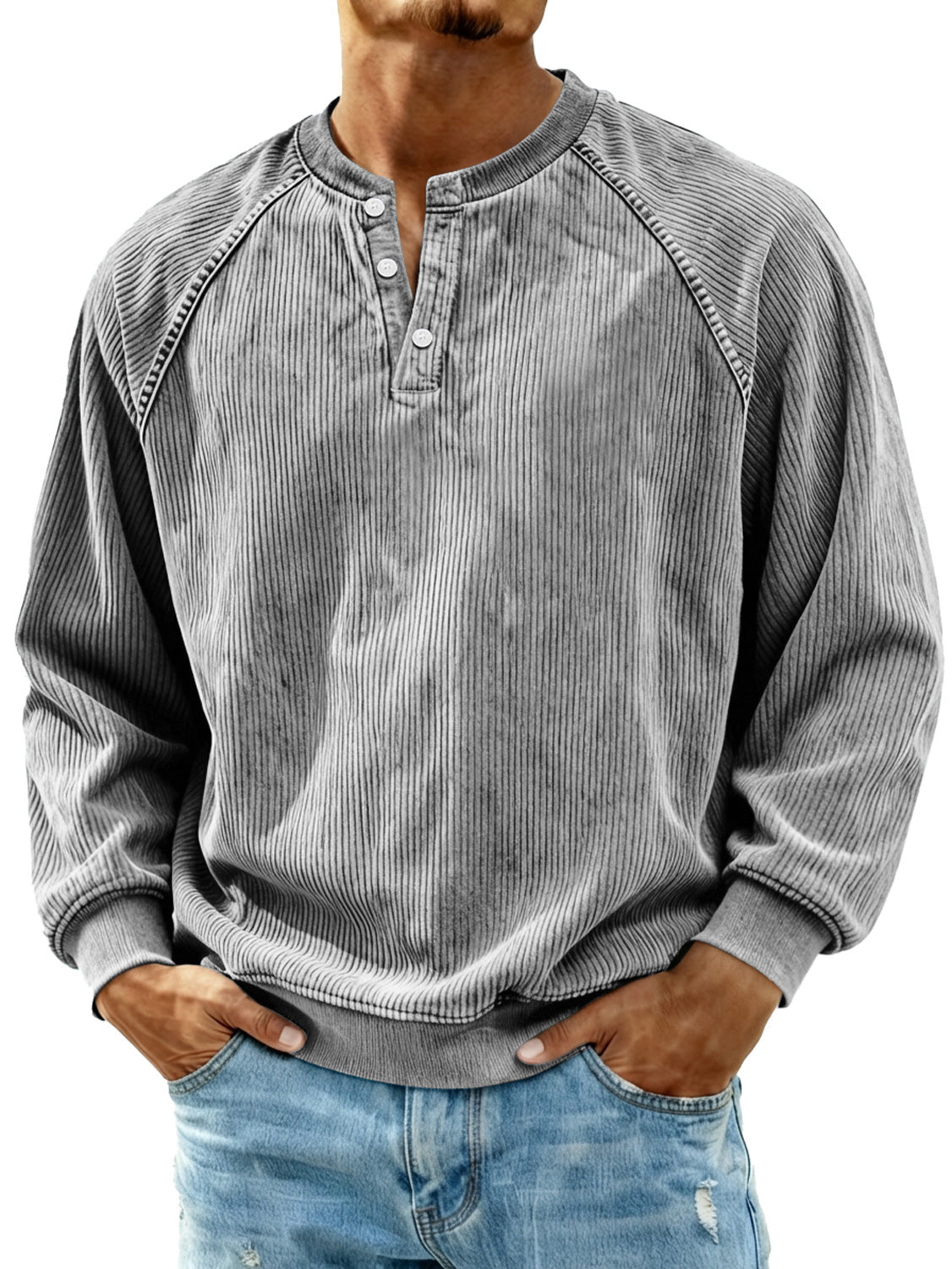 Men's Retro Corduroy Raglan Casual Long-Sleeve Henley Shirt