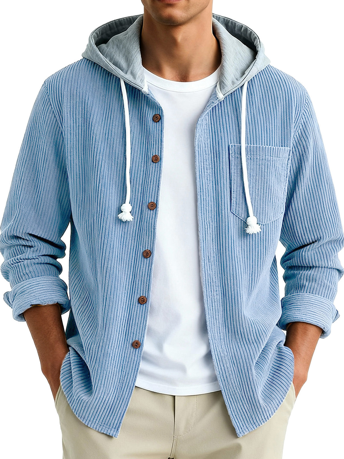  Men's Fashion Vintage Stitching Pit Strip Long Sleeve Pocket Hooded Shirt