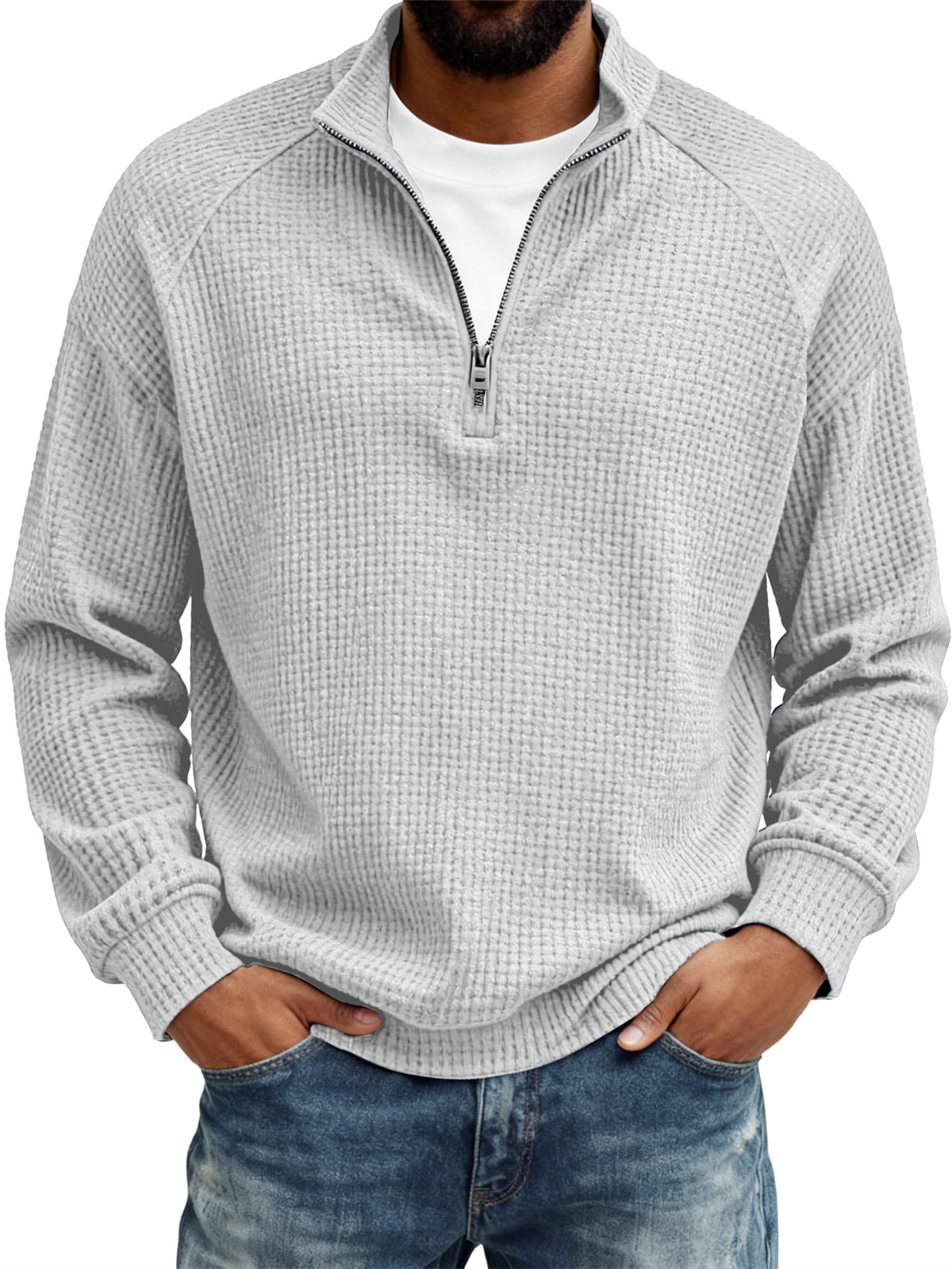 Men's Retro Casual Waffle Fabric Raglan Sleeve Quarter-Zip Long-Sleeve T-Shirt