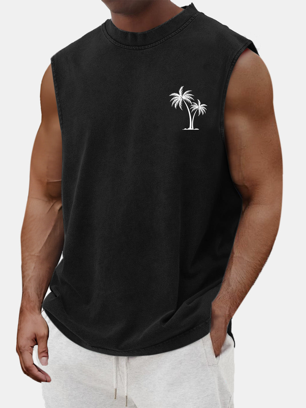 Men's Vintage Cotton Washed Coconut Palm Tree Print Round Neck Sleeveless T-shirt