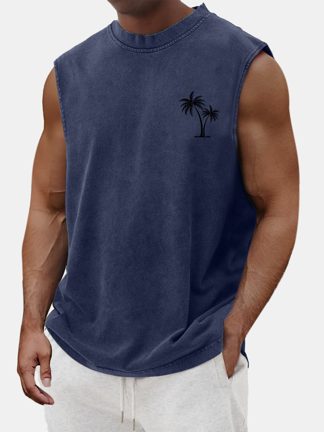 Men's Vintage Cotton Washed Coconut Palm Tree Print Round Neck Sleeveless T-shirt