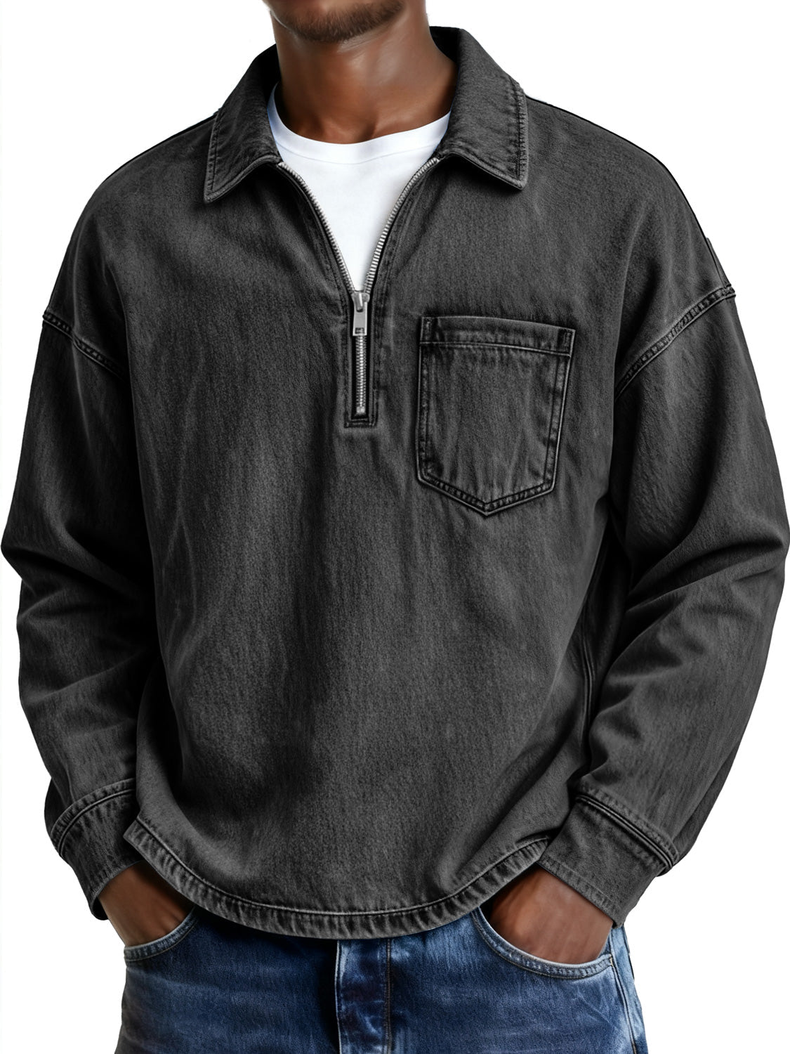 Men's Retro Lapel Zipper Casual Pocket Long-Sleeve Polo Shirt