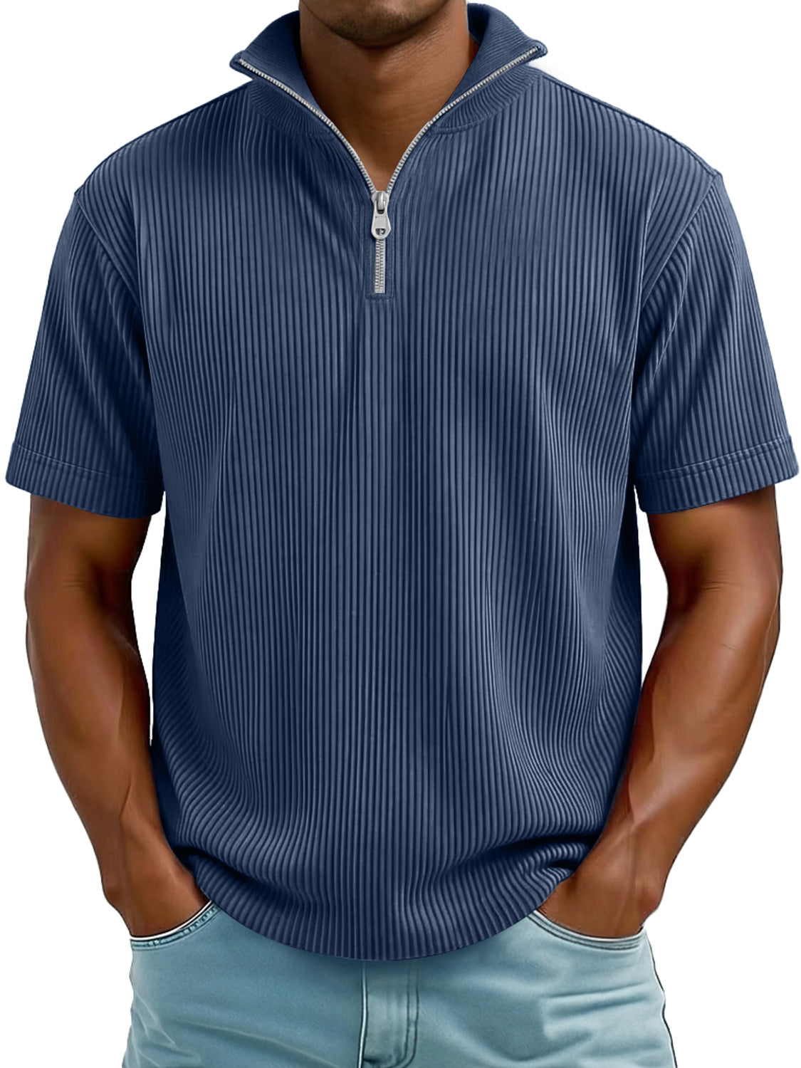 Men's Everyday Ribbed Stand-collar Zip-up Casual Short-sleeved T-shirt