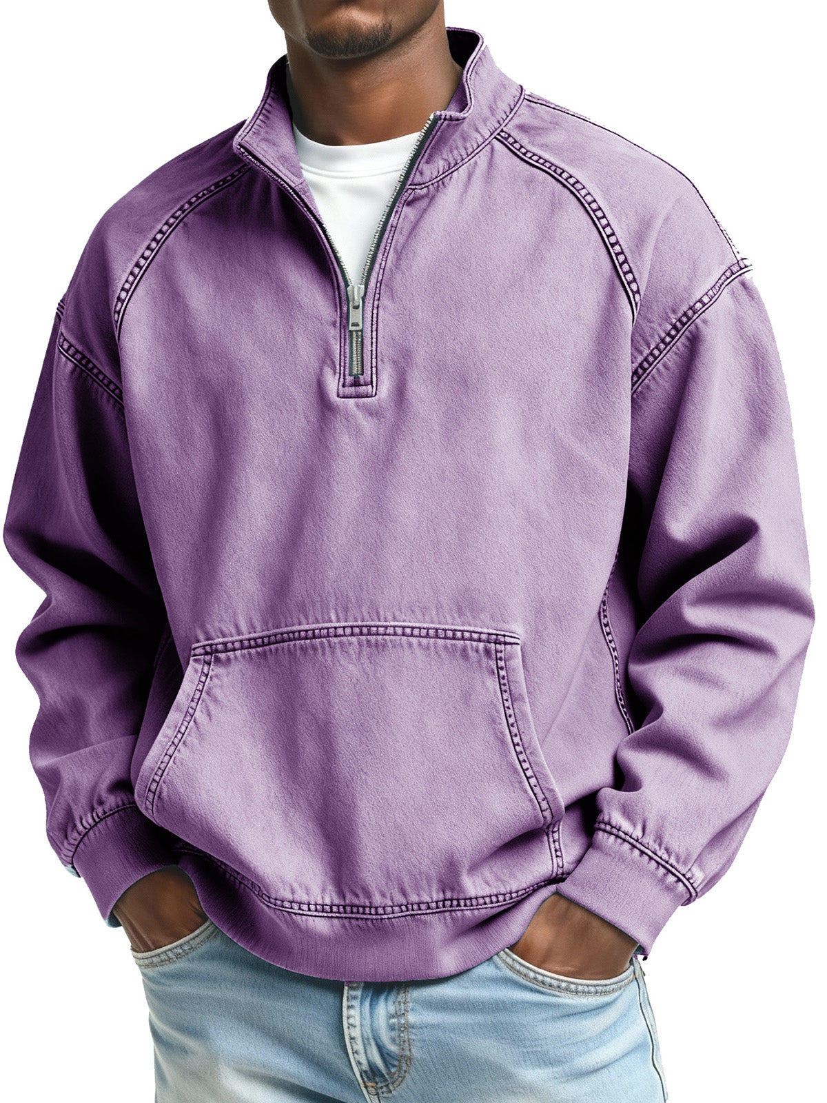 Men's Fashionable Retro Stand Collar Raglan Pocket Long Sleeve Top
