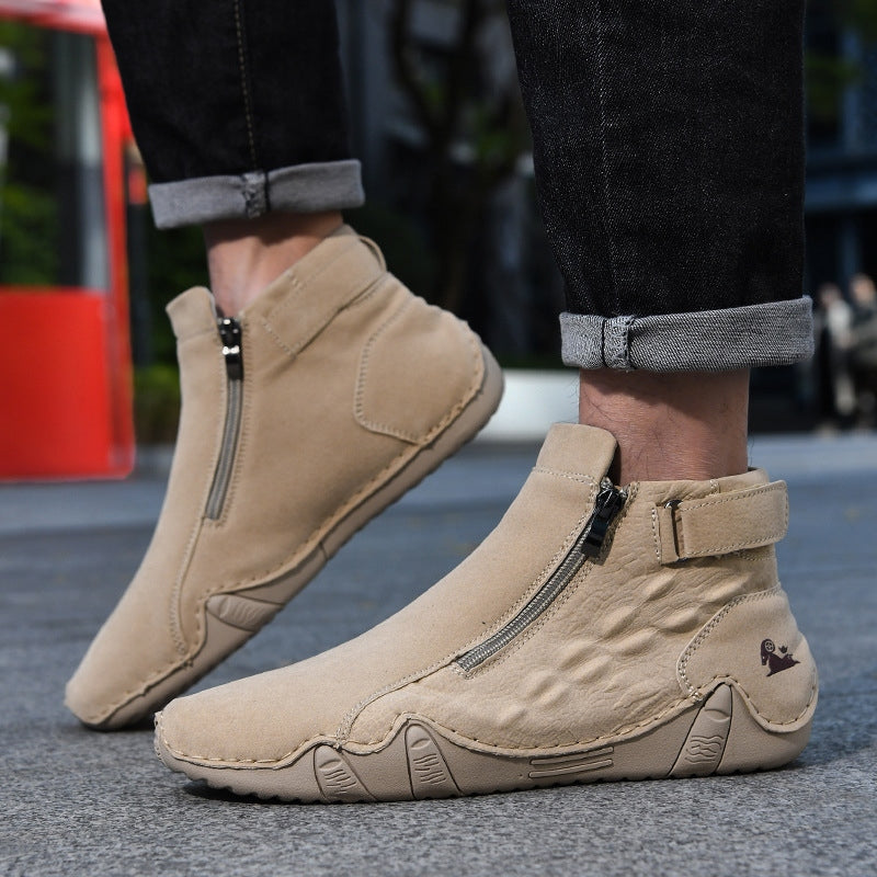 Men’s Genuine Leather Zipper Boots – Casual Slip-On High-Top Boots