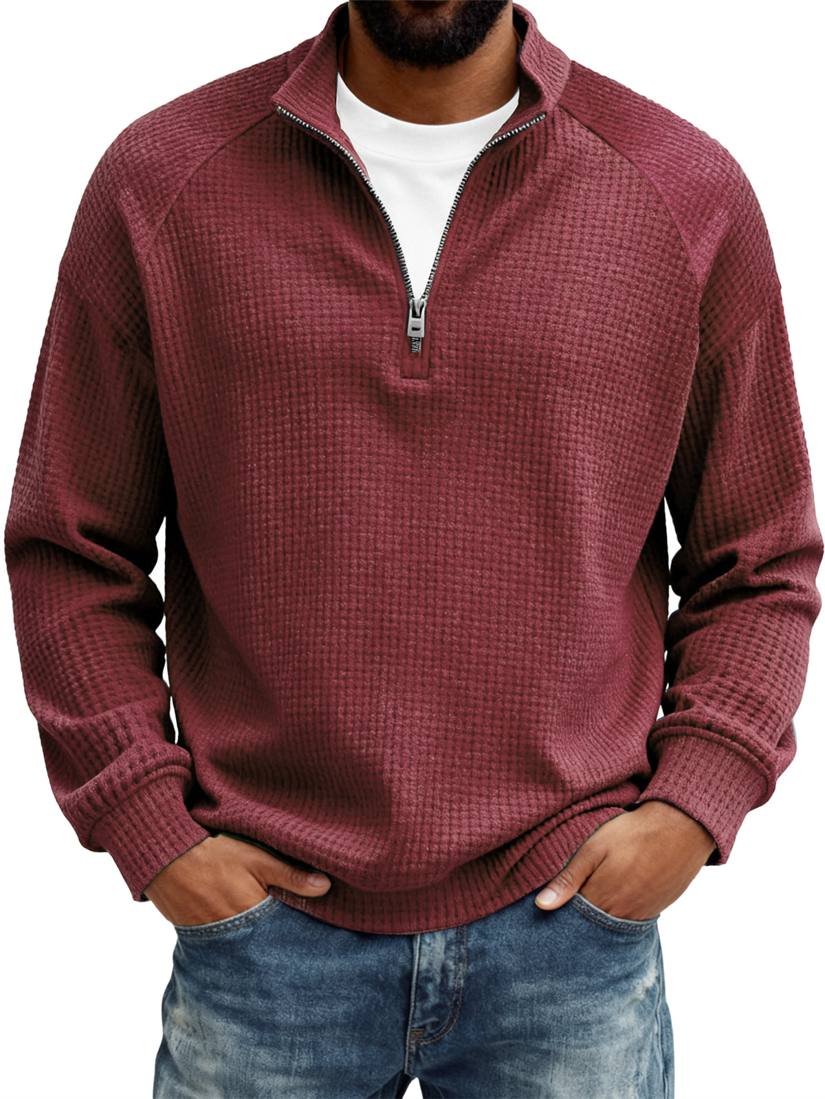 Men's Retro Casual Waffle Fabric Raglan Sleeve Quarter-Zip Long-Sleeve T-Shirt