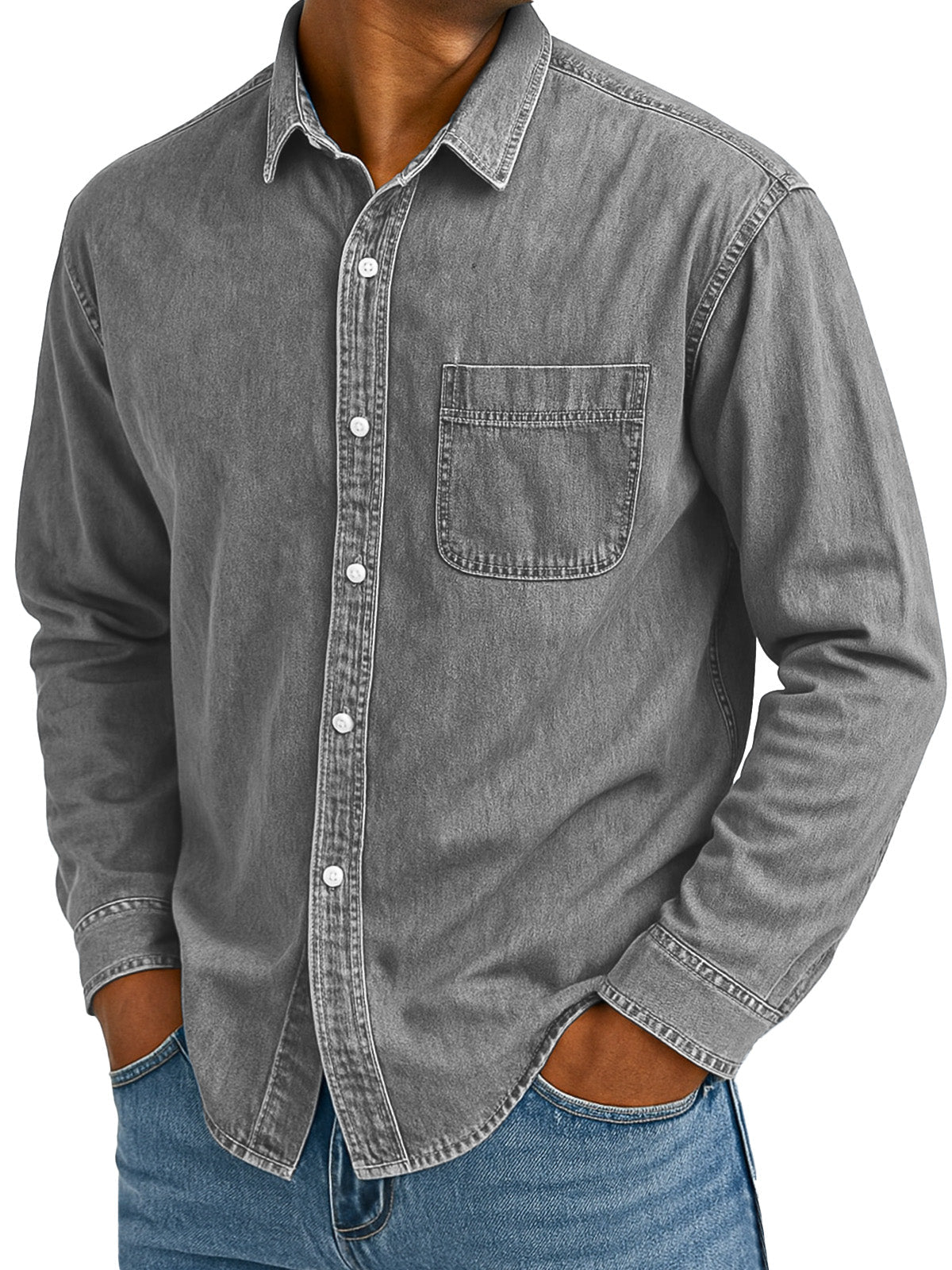 Men's Retro Casual Solid Color Loose Lapel Long Sleeve Shirt With Pockets