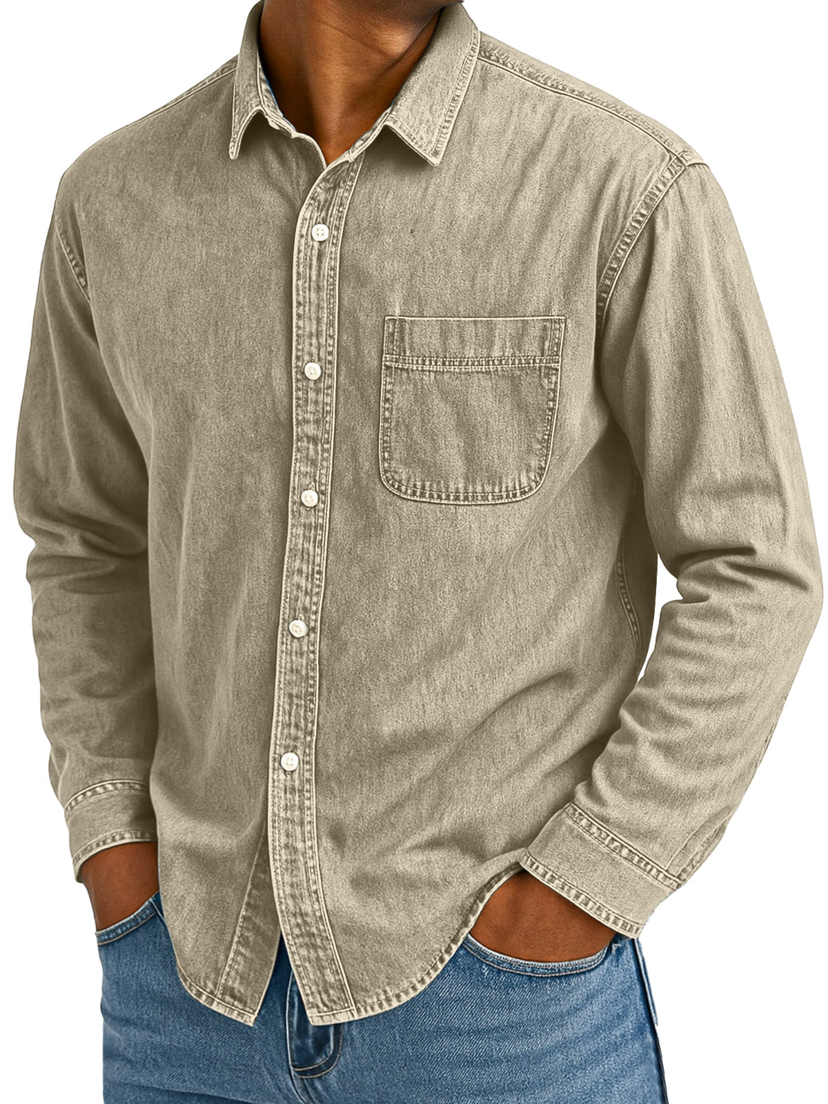 Men's Retro Casual Solid Color Loose Lapel Long Sleeve Shirt With Pockets