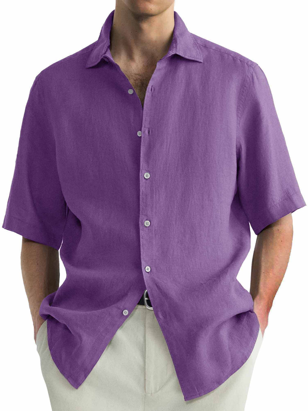 Men's Cotton Hawaiian  Summer Comfortable Casual Basic Solid Color Short Sleeve Shirt