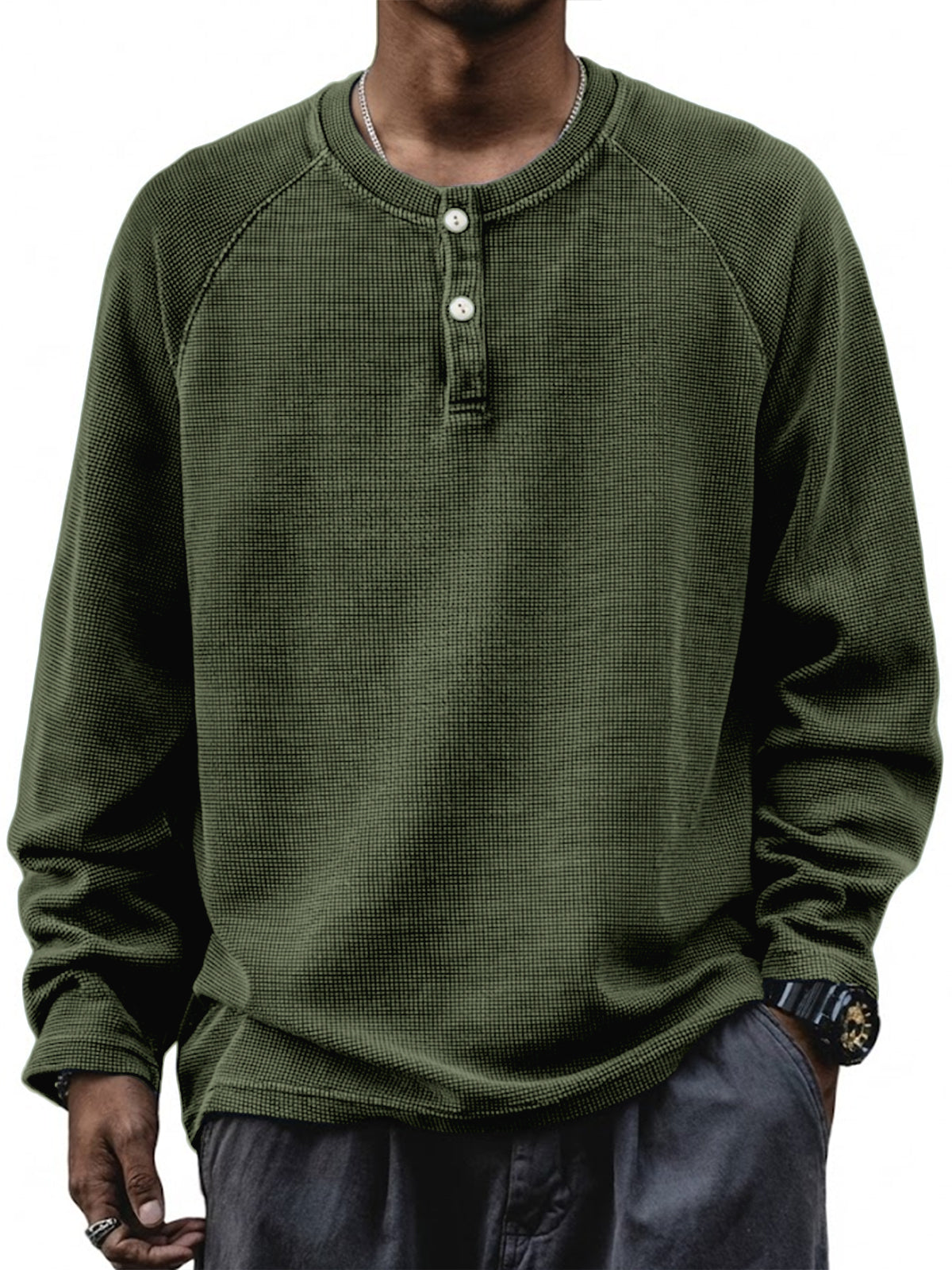 Men's Retro Waffle Raglan Loose Pullover Long Sleeve Henley Shirt