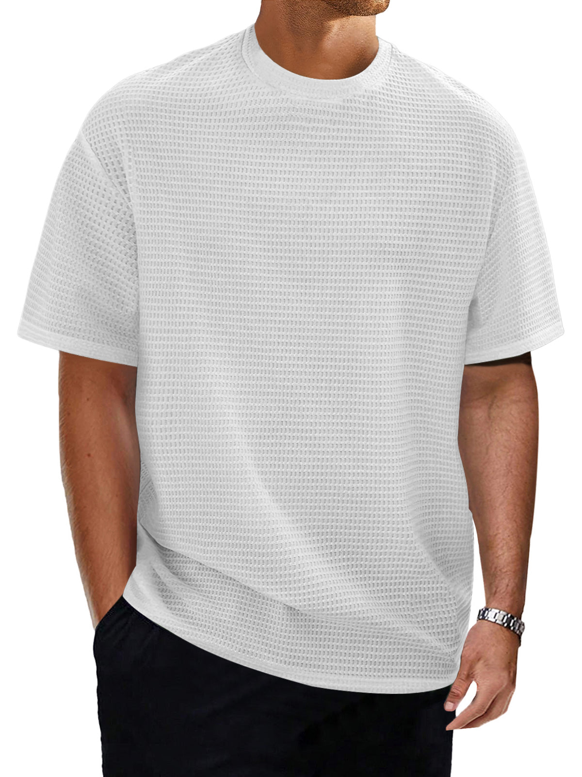 Men's Casual Round Neck Textured Solid Color Short Sleeve T-Shirt