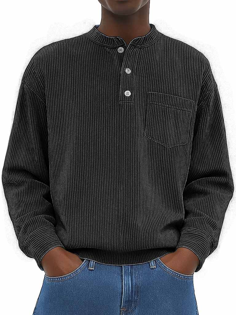 Men's Fashion Casual Ribbed Fabric Stand Collar Long Sleeve Henley Shirt