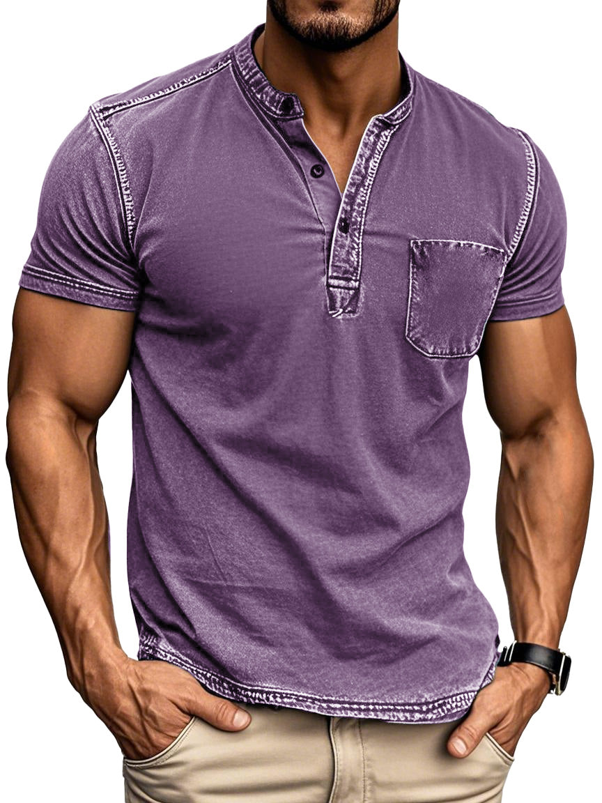 Men's Vintage Outdoor Distressed Short Sleeve Pocket Henley Shirt 
