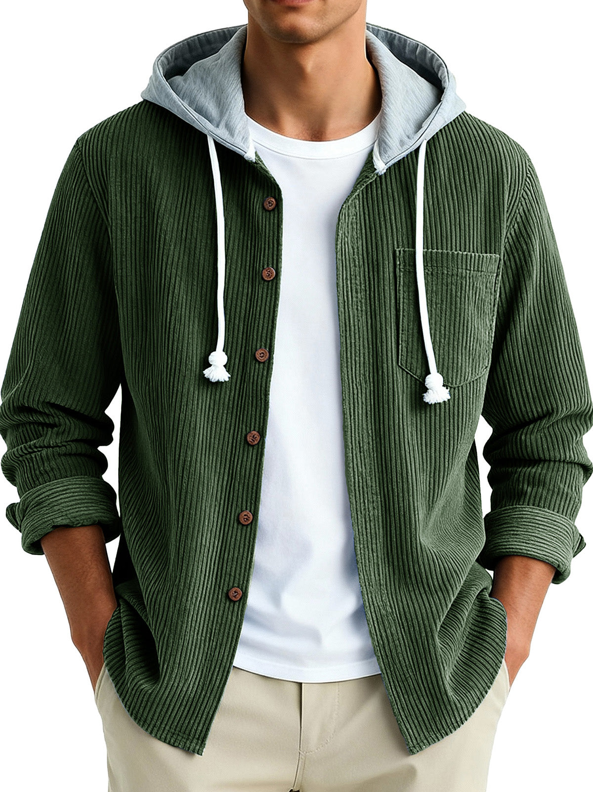  Men's Fashion Vintage Stitching Pit Strip Long Sleeve Pocket Hooded Shirt