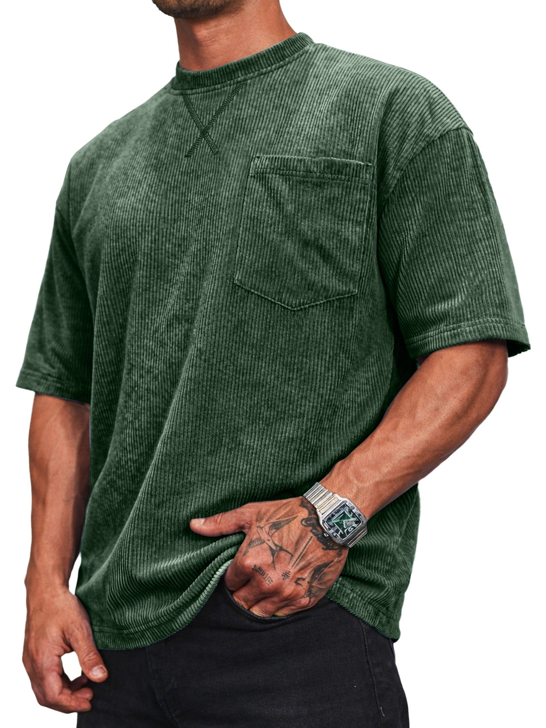 Men's Corduroy Crew Neck Short-sleeved T-shirt With A Crossover Design