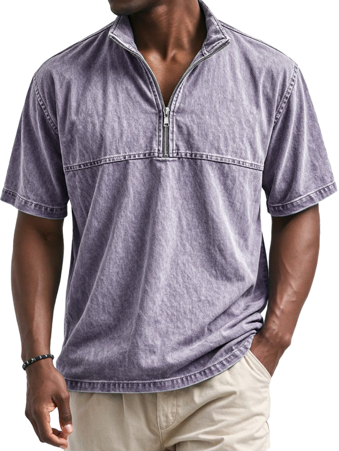 Men's Vintage Stand-collar Short-sleeved T-shirt With Zipper And Panel Design