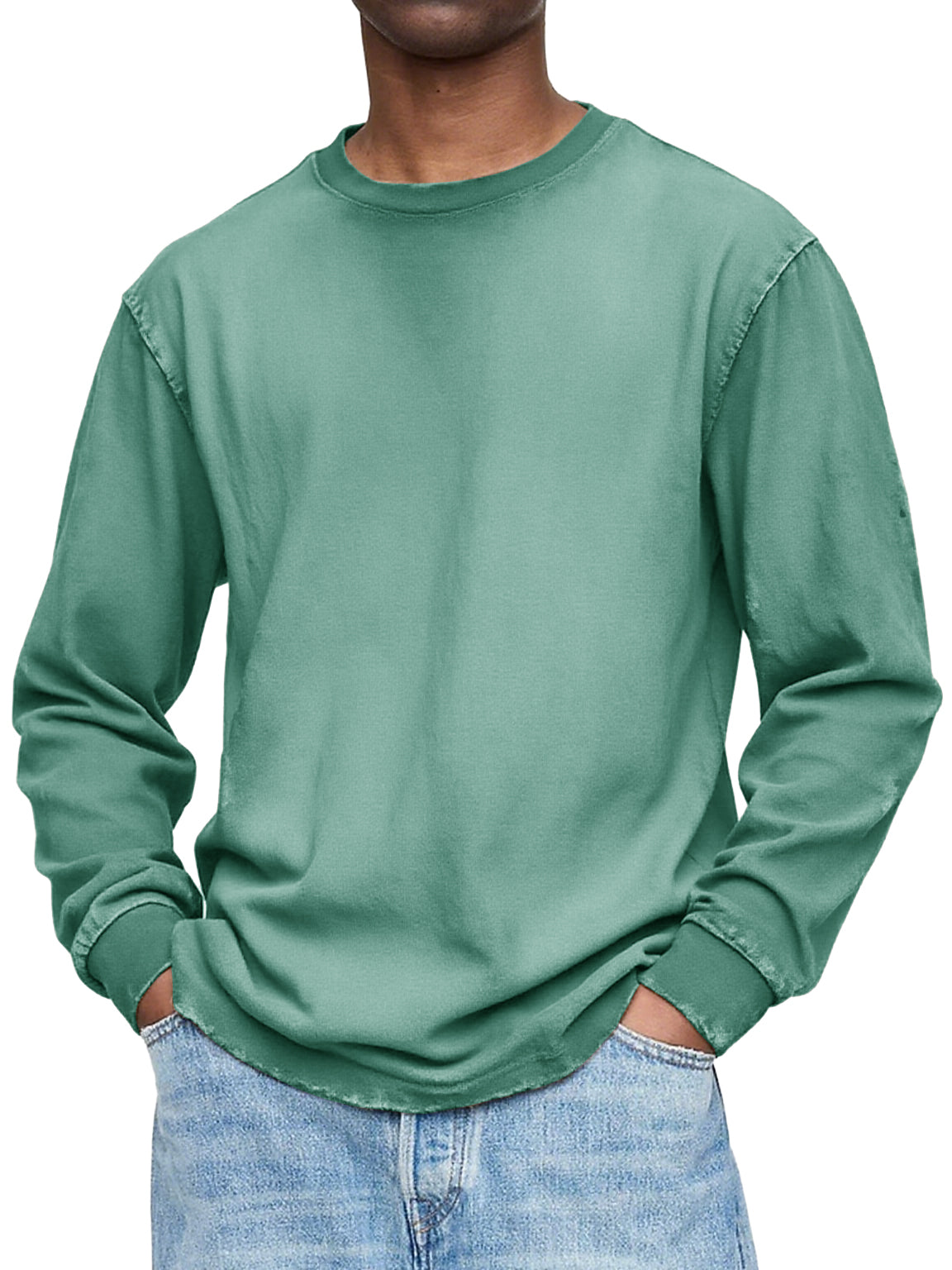 Men's Vintage Washed And Distressed Cotton Crew Neck Long Sleeved T-shirt