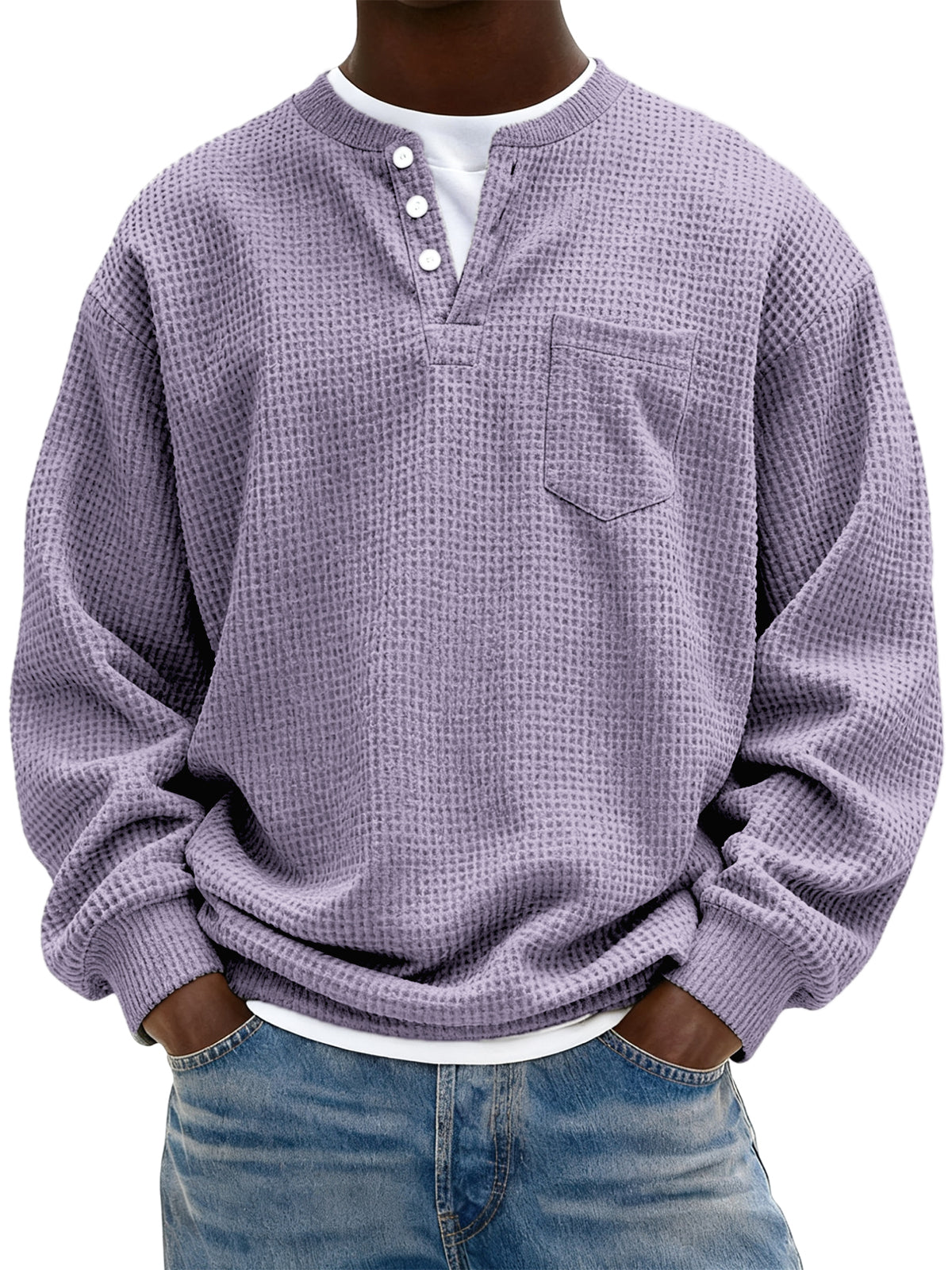 Men's Simple Waffle Henley Pullover with Chest Pocket