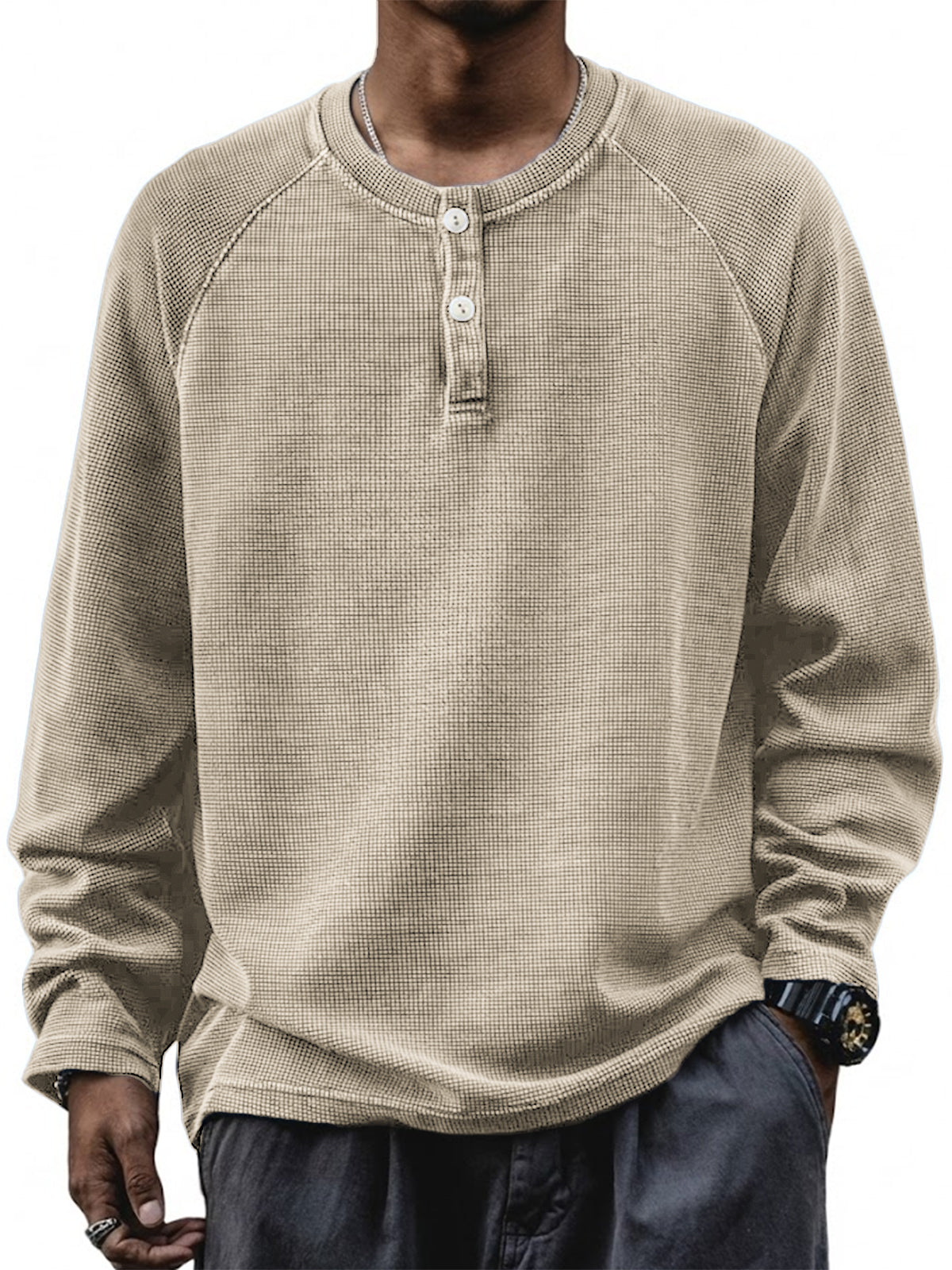 Men's Retro Waffle Raglan Loose Pullover Long Sleeve Henley Shirt