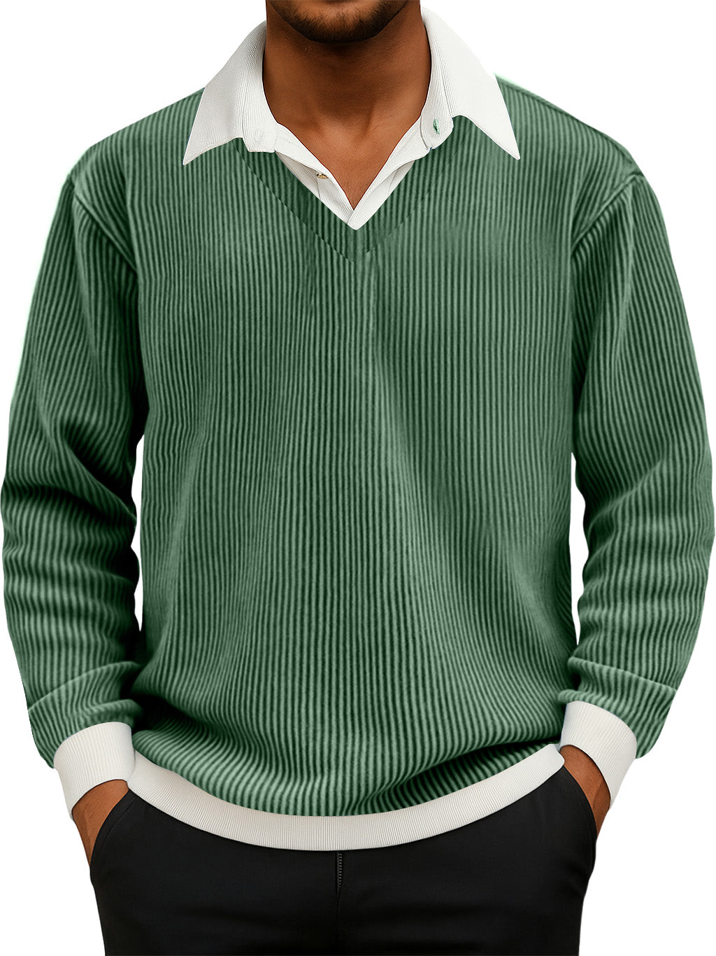 Men's Casual Faux Two-Piece Ribbed Shirt Collar Long Sleeve Sweatshirt
