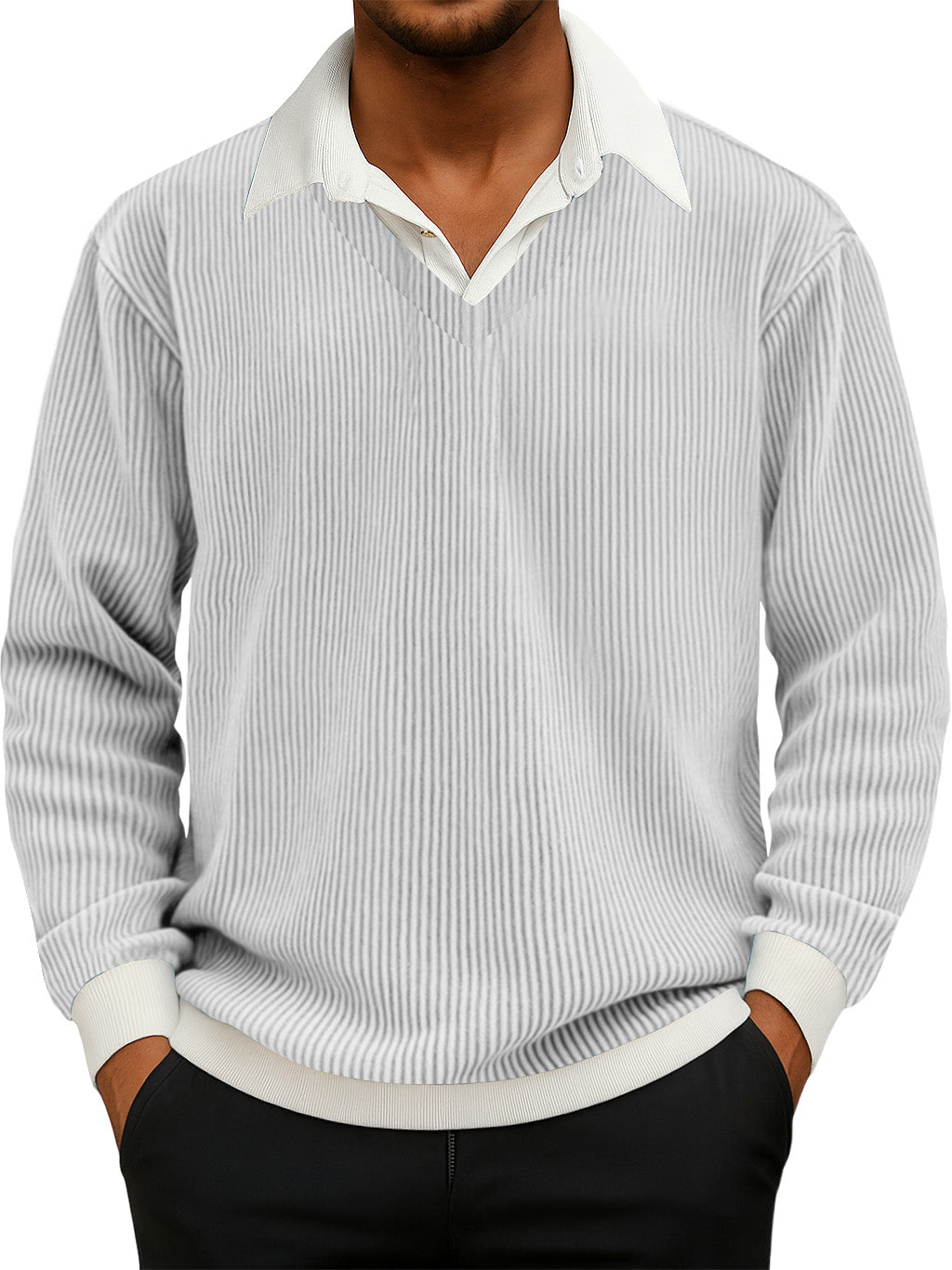 Men's Casual Faux Two-Piece Ribbed Shirt Collar Long Sleeve Sweatshirt