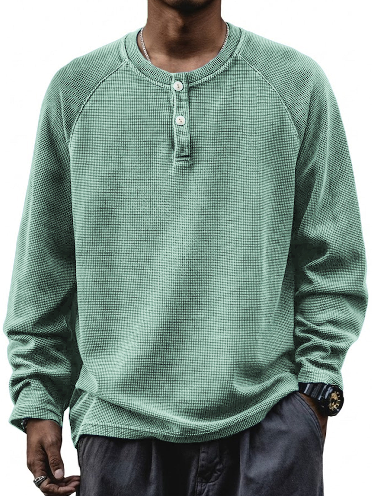 Men's Retro Waffle Raglan Loose Pullover Long Sleeve Henley Shirt