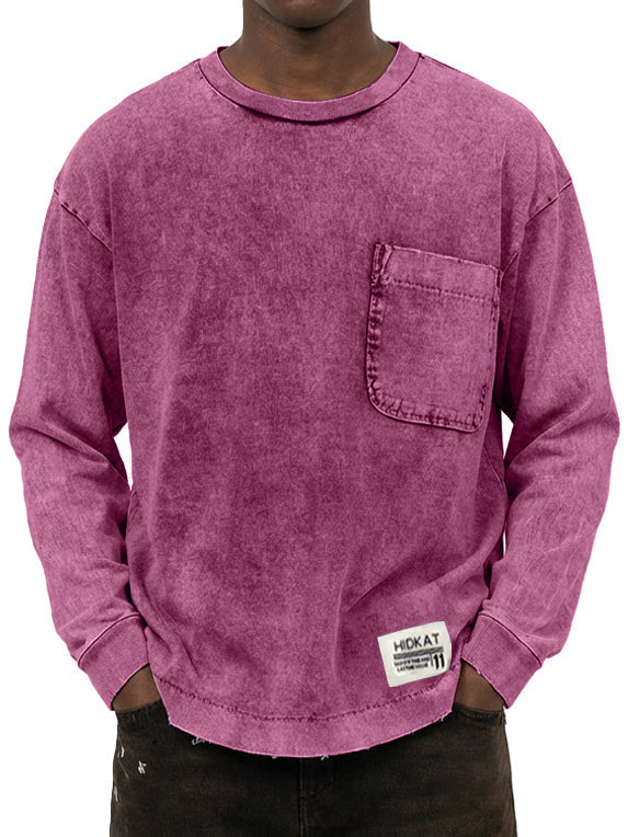 Men's Vintage Washed And Distressed Cotton Long Sleeved T-shirt