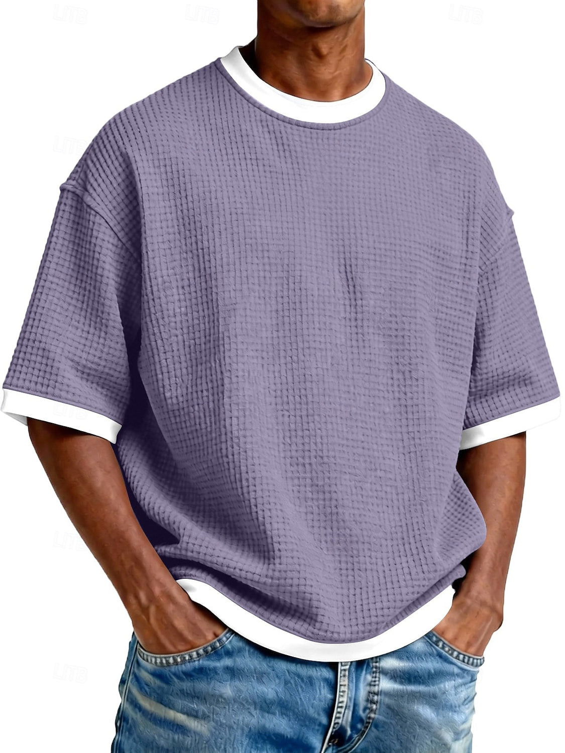 Men's Casual And Stylish Waffle-knit Color-block Crew Neck T-shirt