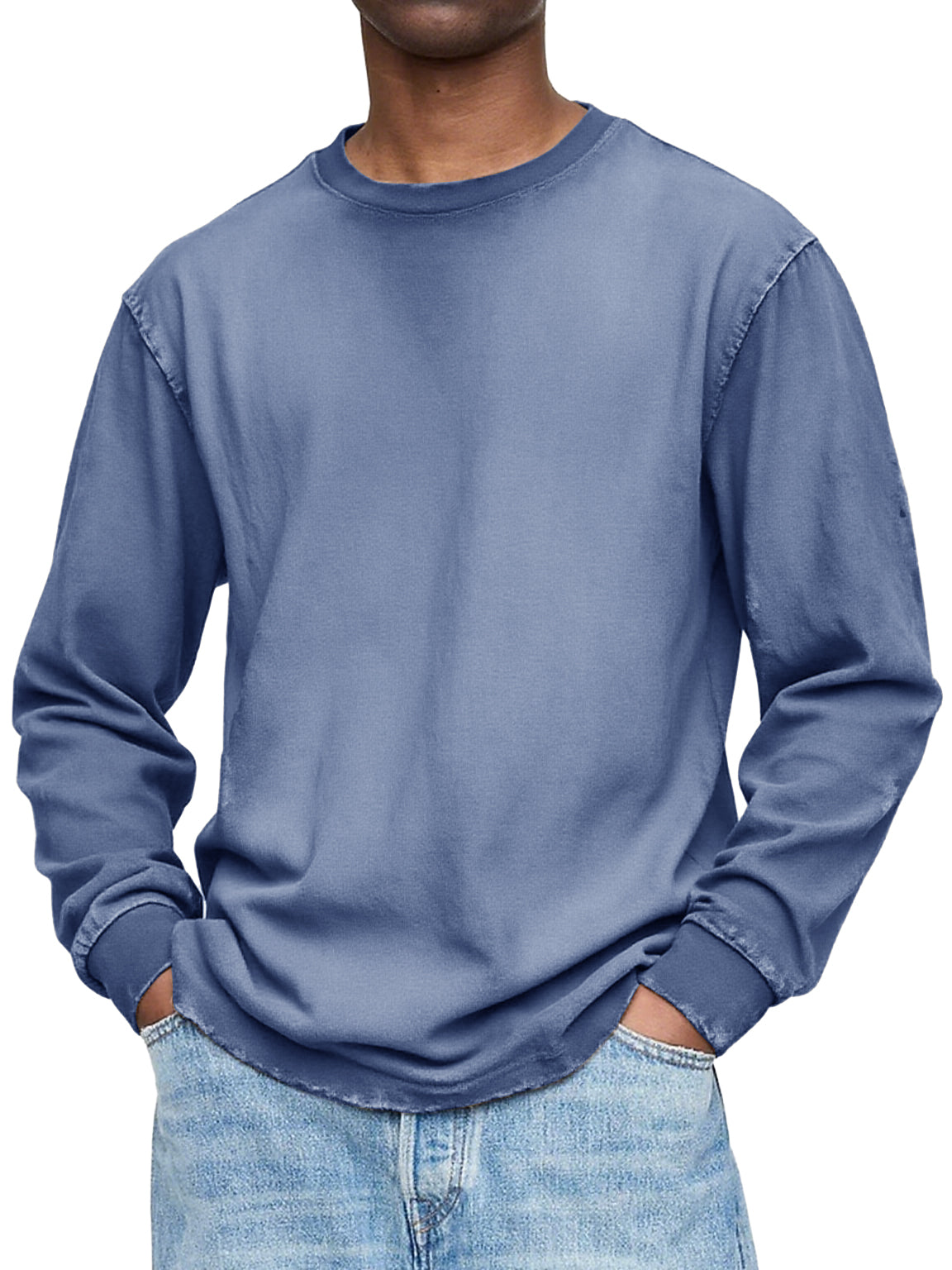 Men's Vintage Washed And Distressed Cotton Crew Neck Long Sleeved T-shirt