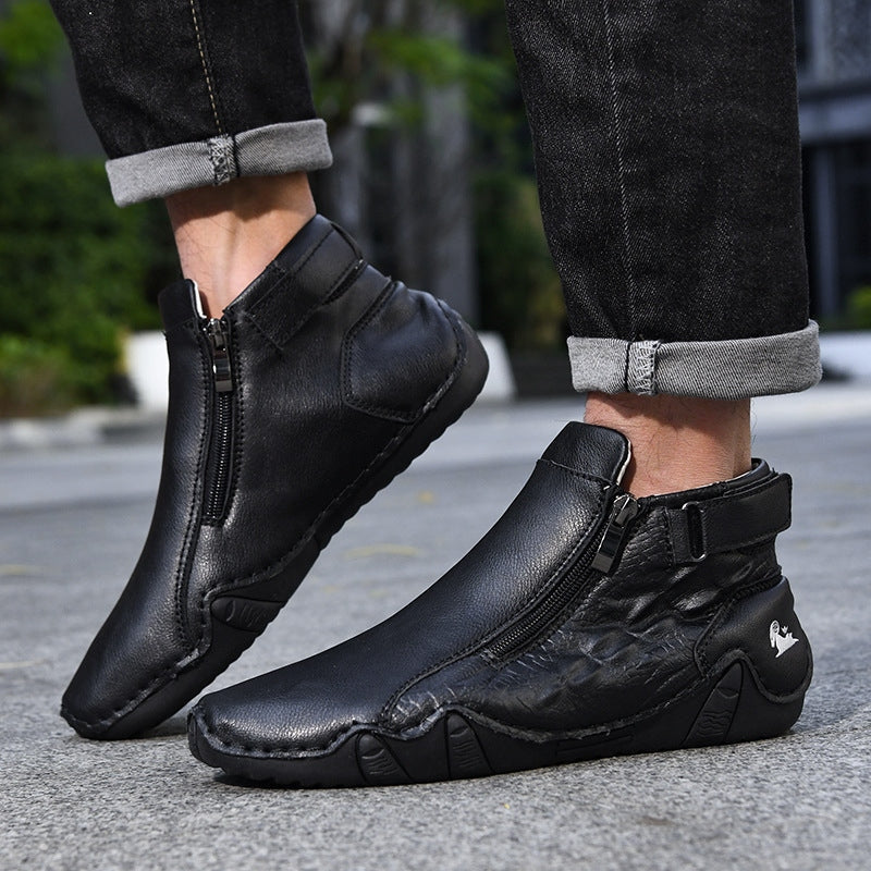 Men’s Genuine Leather Zipper Boots – Casual Slip-On High-Top Boots