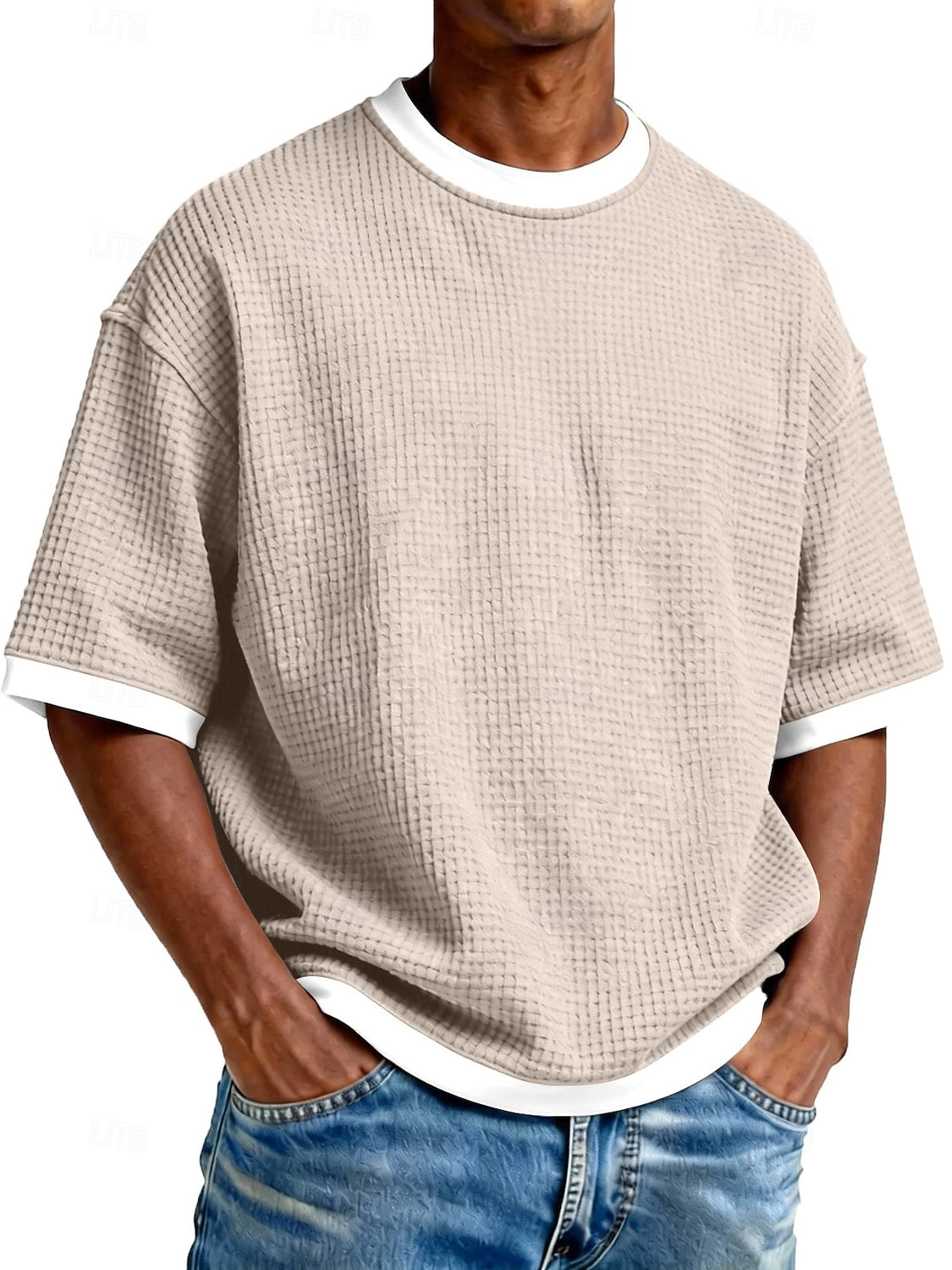 Men's Casual And Stylish Waffle-knit Color-block Crew Neck T-shirt